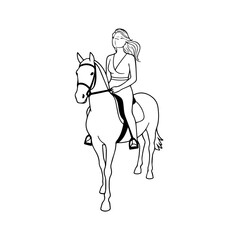 Black and white line art of a beautiful woman with perfect body riding horse elegant minimalist illustration
