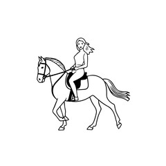 Black and white line art of a beautiful woman with perfect body riding horse elegant minimalist illustration
