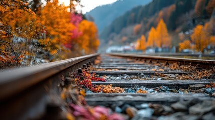 Autumn-colored trees line a railway track stretching into a misty mountain landscape in the distance.