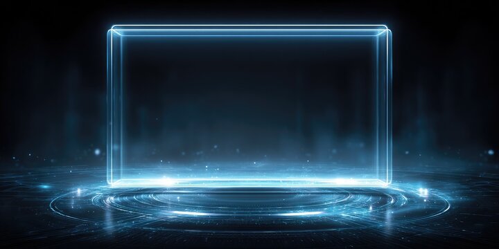 Digital rectangular frame with glowing blue edges and holographic elements on dark background creating futuristic virtual screen display for modern technology business presentations.