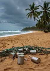 Coastal Scene with Cans and Fishing Nets on Sandy Beach Under Dramatic Sky