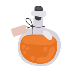 Halloween potion bottle. Glass round bottle with orange poison, potion, elixir.