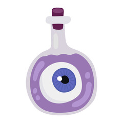 Halloween potion bottle. Glass bottle with purple poison with eyeball, potion, elixir and a label with a skull.	