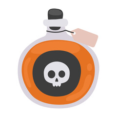 Halloween potion bottle. Glass bottle with orange poison, potion, elixir and a label with a skull.	
