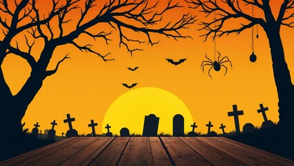 Naklejka premium Spooky halloween graveyard scene with bare trees and a large moon