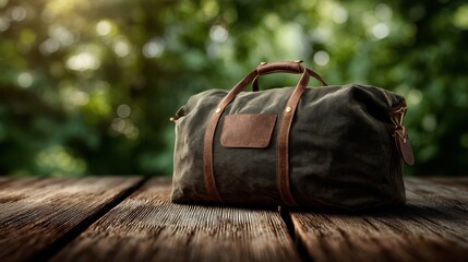 A rugged canvas and leather duffel bag rests on a weathered wooden surface with a blurred natural green background.