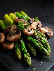 Grilled asparagus spears topped with sauteed mushrooms and fresh parsley on a black slate serving plate offer delicious simplicity
