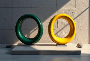 3d two round yellow and green with wall background.