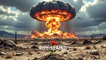 A dramatic desert landscape dominated by a large explosion centered around a deserted signpost