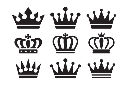Royal Crown Silhouette Icons Set for Luxury Design Isolated on White Background