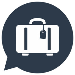 Obraz premium Stylized white suitcase with tag inside a dark blue speech bubble icon