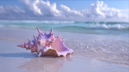 Gorgeous Conchs Scattered Along the Sunny Seaside—Their Shiny, Swirled Shells in Soft Hues of White, Pink, and Blue Glow Under the Sun, Blending Perfectly With the Blue Waves, Golden Sand