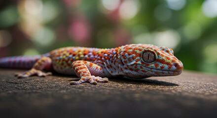 Fototapeta premium Colorful gecko lizard with vibrant skin resting on wood in lush natural setting