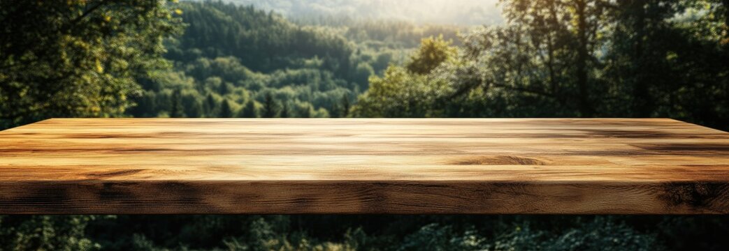 Wooden tabletop overlooking a lush forest