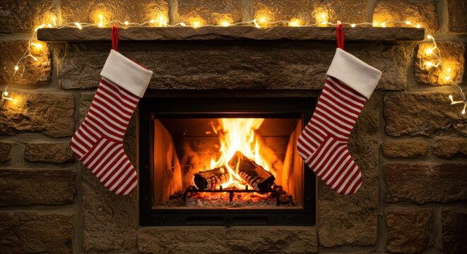 Cozy fireplace with Christmas stockings and warm glow of twinkling lights for festive holiday atmosphere