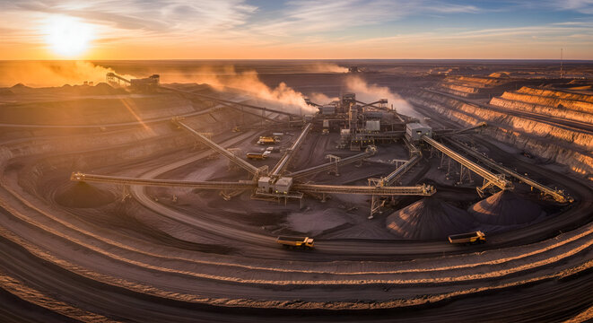 Dramatic open pit mine at sunset with heavy machinery and earthworks