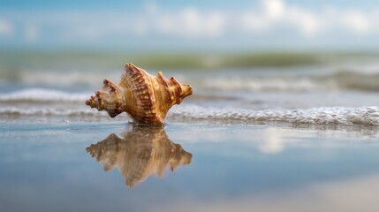 Gorgeous Conchs Scattered Along the Sunny Seaside—Their Shiny, Swirled Shells in Soft Hues of White, Pink, and Blue Glow Under the Sun, Blending Perfectly With the Blue Waves, Golden Sand