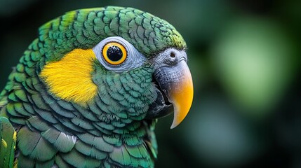 Obraz premium Close up of a green parrot with yellow feathers and beak looking to the right side of the frame