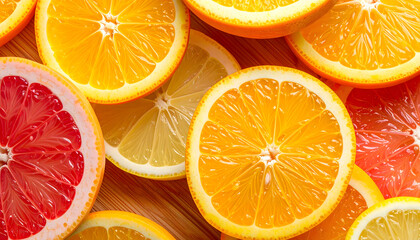 Close-up of vibrant citrus fruit slices including oranges, lemons, and grapefruit arranged in a visually appealing pattern.