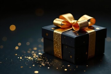 Black gold gift with shimmering accents, blank space, texture, black, photography