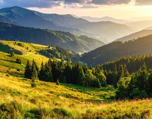 Obraz premium Lush Green Mountain Landscape with Sunlit Meadow and Forest Trees in a Cinematic Hdr Photograph Enhanced with Ultra Sharp Detail