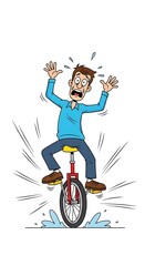 A man is experiencing a comical moment of fear while riding a unicycle