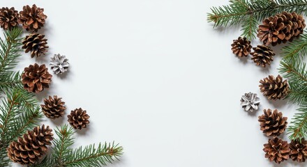 Festive Arrangement of Pine Cones and Green Spruce Branches on White Background for Holiday Celebrations