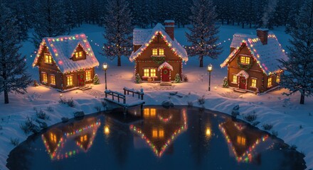 Cozy winter village with illuminated houses, snowy landscape, festive decorations, and tranquil pond reflection at night