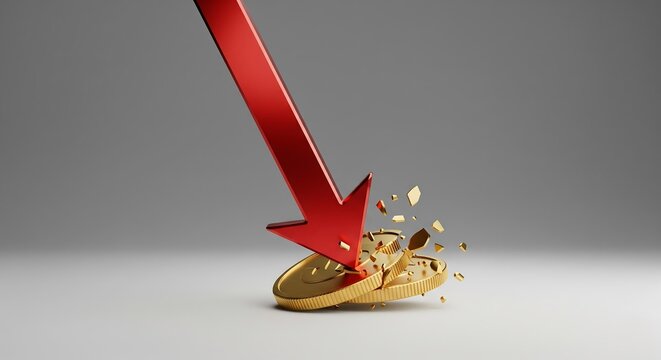 Stock market crash financial crisis recession economic downturn red arrow falling on coins concept