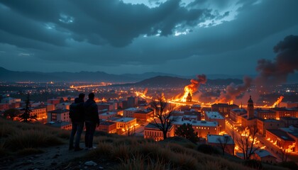 Obraz premium We see two individuals standing atop a hill amidst a cityscape. The area below them is engulfed in flames, with buildings ablaze and fire consuming structures in the background
