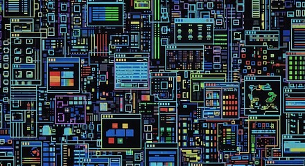 A dense, abstract digital pattern composed of numerous small, colorful pixelated windows and interface elements, creating a retro-tech aesthetic.