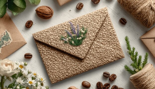 Embroidered envelope surrounded by nature