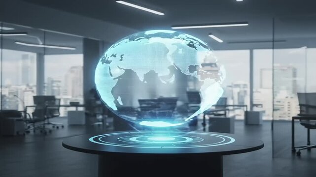 Futuristic office featuring a holographic globe display with a city skyline in the background - Powered by Adobe