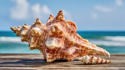 Gorgeous Conchs Scattered Along the Sunny Seaside—Their Shiny, Swirled Shells in Soft Hues of White, Pink, and Blue Glow Under the Sun, Blending Perfectly With the Blue Waves, Golden Sand