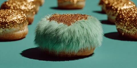 A fluffy donut with a fur-like texture sits prominently in the center, surrounded by other golden-glittered donuts on a vibrant turquoise background. neutral background, clear negative space