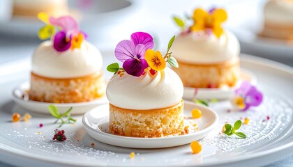 Delicate miniature desserts with floral garnish