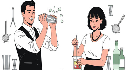 Professional bartender man shaking cocktail with shaker, stylish woman mixing drink with spoon, bar counter tools, alcohol bottles, mixology illustration