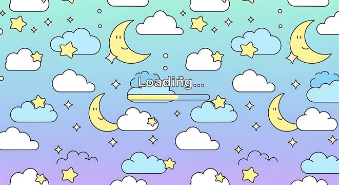 A cute kawaii loading screen with a pattern of smiling moons, stars, and clouds on a pastel gradient sky background. - Powered by Adobe