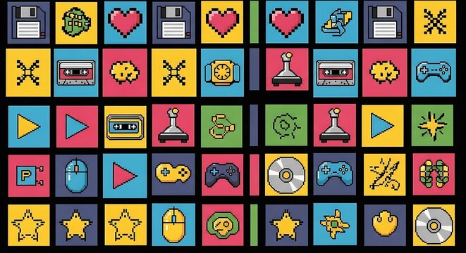 Pixel art icons: retro gaming, 80s, love, technology. - Powered by Adobe