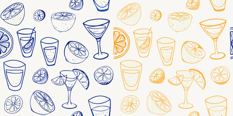 Seamless pattern of hand drawn citrus fruits and refreshing drinks in blue and orange on a light background