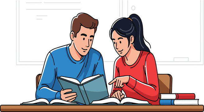 Students studying together in classroom, young man and woman reading books, learning, education teamwork, academic preparation, knowledge sharing, study group illustration