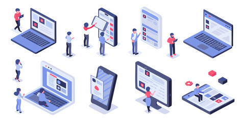Isometric illustration of people interacting with various digital devices and interfaces for web design and development