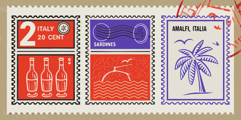 Collection of vintage italian postage stamps featuring iconic imagery from italy