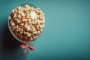A transparent balloon filled with fluffy popcorn, elegantly tied with a pink ribbon, set against a soft blue background, creating a whimsical and festive atmosphere. neutral background, clear negative