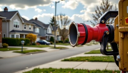 An urban setting with a focus on a fire hydrant in the foreground. This red hydrant is mounted on a small stand, presumably for easy access by emergency services