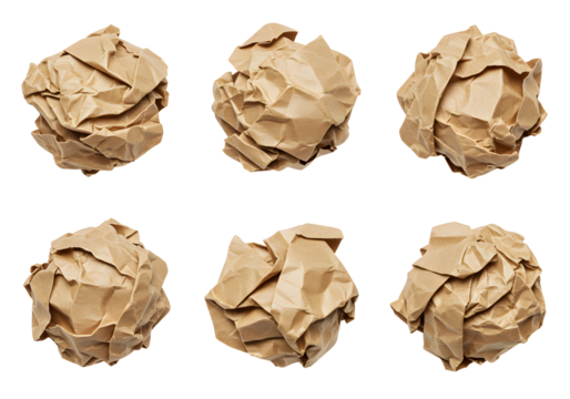 Brown crumpled paper balls isolated on white background - a set of six different views