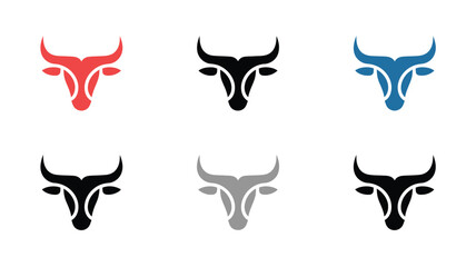 Stunning minimalist bull logo set for bold branding, vibrant red, classic black, cool blue, and modern gray options offer versatility for financial, sports, or agricultural business identity