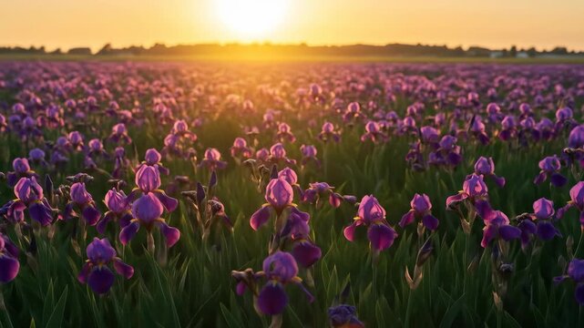 Purple iris field at sunset. Floral landscape with vibrant colors and warm light.