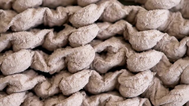 Close-up view of many small, textured, light gray, irregular, organic forms clustered tightly together