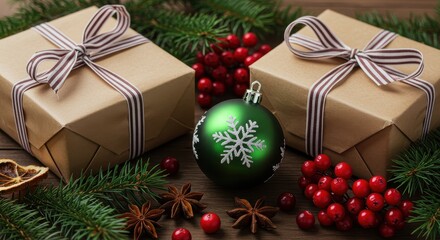 Elegant Christmas Gifts Surrounded by Holiday Decorations and Festive Elements on a Rustic Wooden Surface